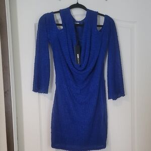 NWT Fashion Nova Womans Casey Crochet Mini Blue Cowl Neck Dress Sz 1X